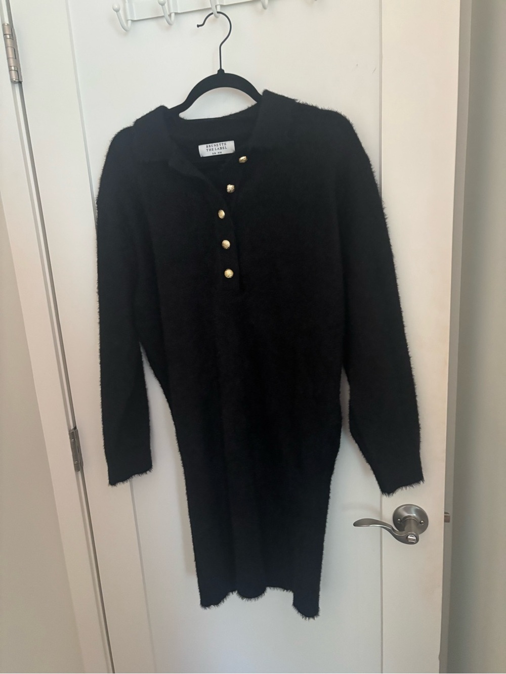 Brunette The Label Black Fuzzy V-Neck Sweater with Gold Buttons